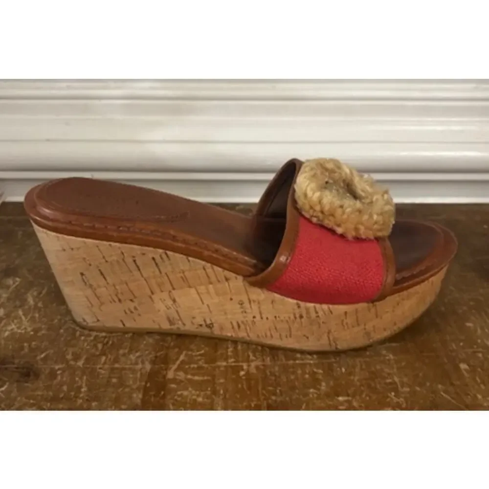 COACH JAZMIN PLATFORM WEDGE RED CANVAS Sandal Leather Size 6.5